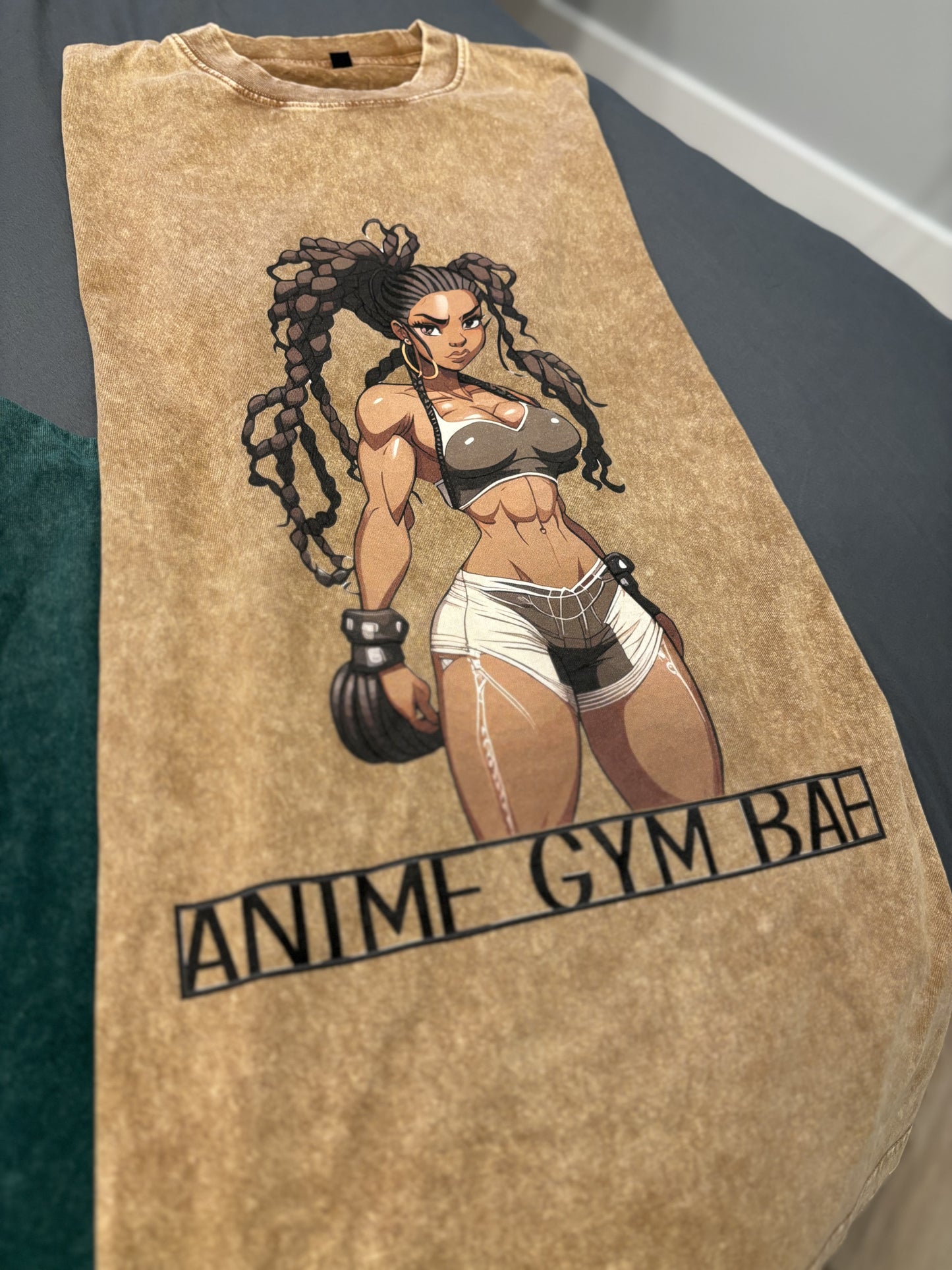 Kira Kin ANIME GYM BAE Oversized Snow Wash T-Shirt - Workout Apparel, Gym Fashion, Anime Lover Gift, Otaku - Light Brown