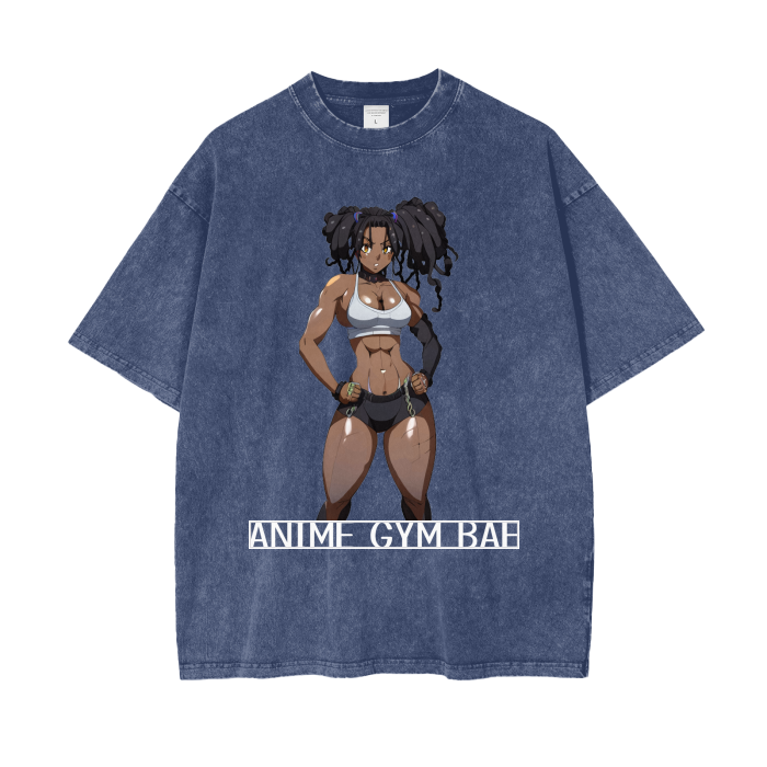 Mika Motion ANIME GYM BAE Oversized Snow Wash T-Shirt - Workout Apparel, Gym Fashion, Anime Lover Gift, Otaku - Dark Blue